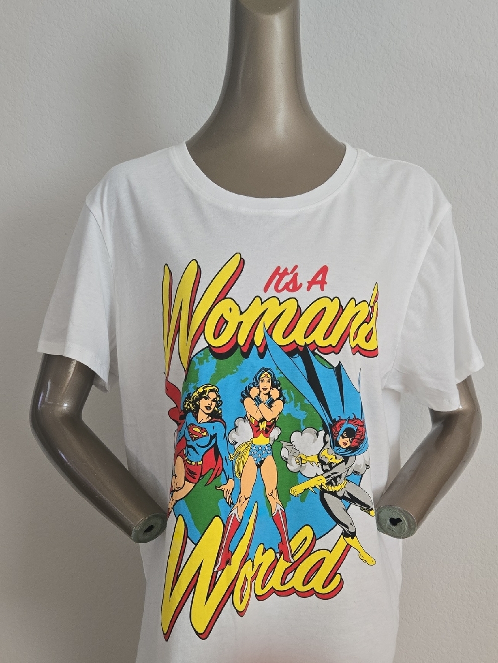 DC White Short-Sleeve Graphic Tee with Yellow & Red Lettering